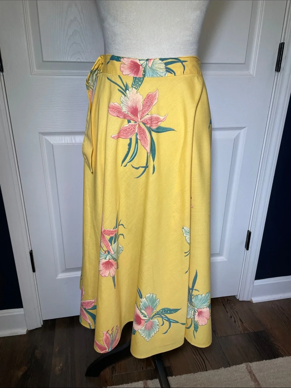 Vintage 70s Yellow Floral Wrap Midi Skirt | Pink Lily Tropical Print A-Line